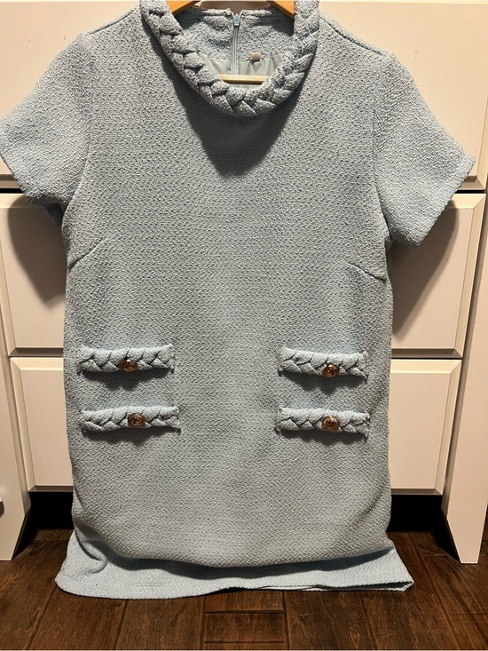 None Dresses & Skirts - Light Blue Textured Short-Sleeve Dress with Braided Trim